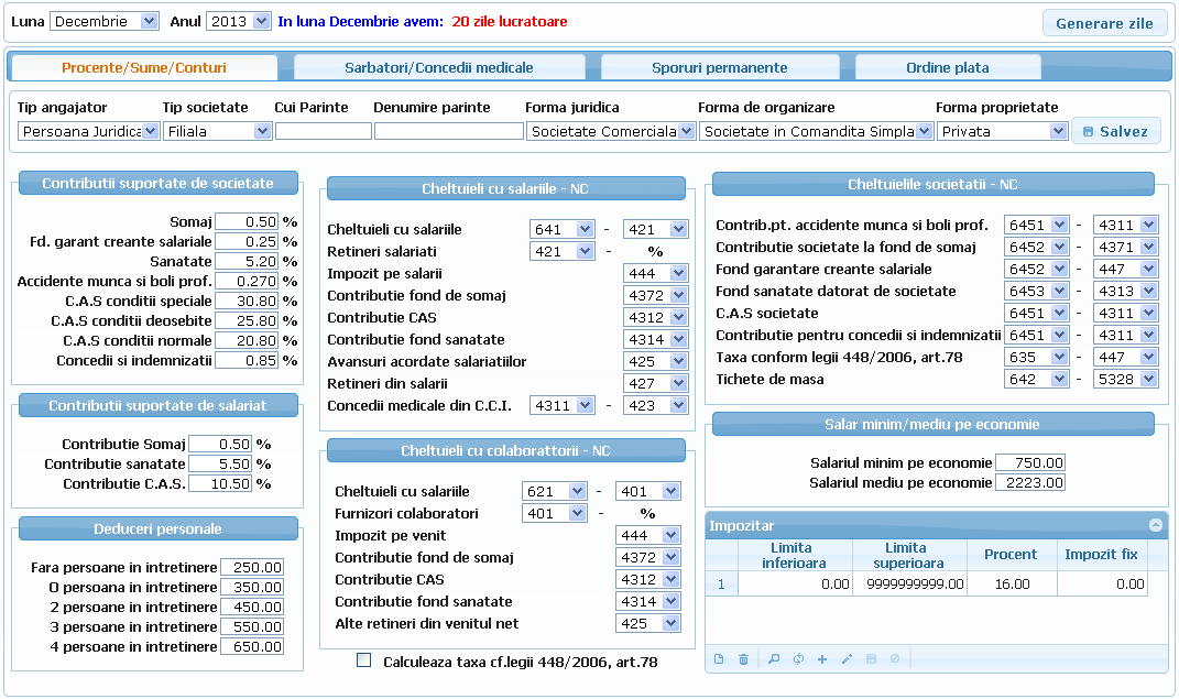  Configurare salarii - Procente/Sume/Conturi 
