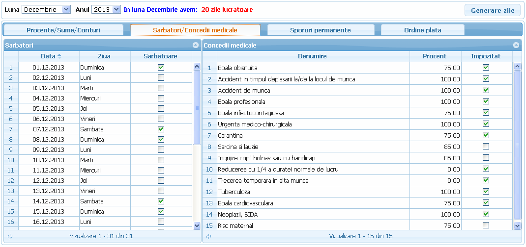  Configurare salarii - Sarbatori/Concedii medicale 